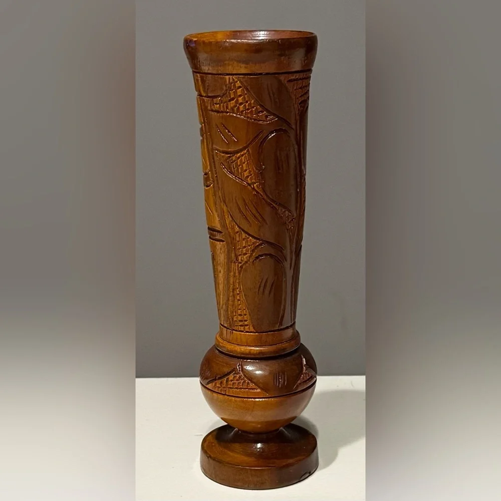 Vintage 1970s Hand-Turned Wood Bud Vase - Boho Floral Hand-Carved - 9”